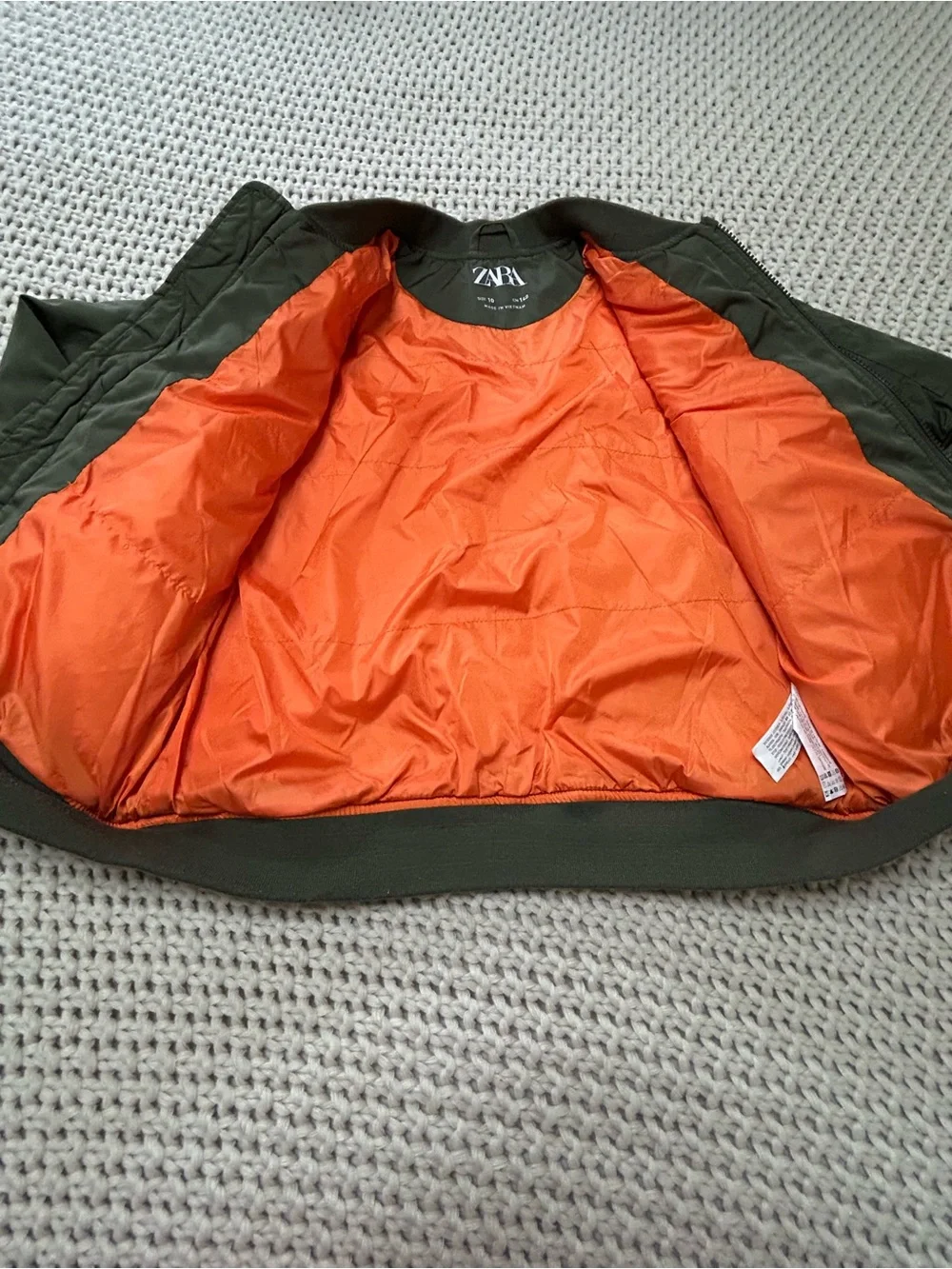 Kid’s Zara Olive Bomber Jacket with Bright Orange Lining Size 10